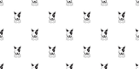 Vector cartoon character bull terrier dog seamless pattern background for design.