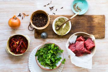 Raw ingredients for a beef brisket meal
