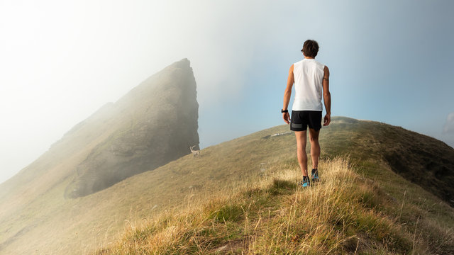 male athlet watching ibex in the mountains
