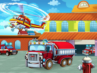 cartoon scene with fireman vehicle on the road near the fire station - illustration for children