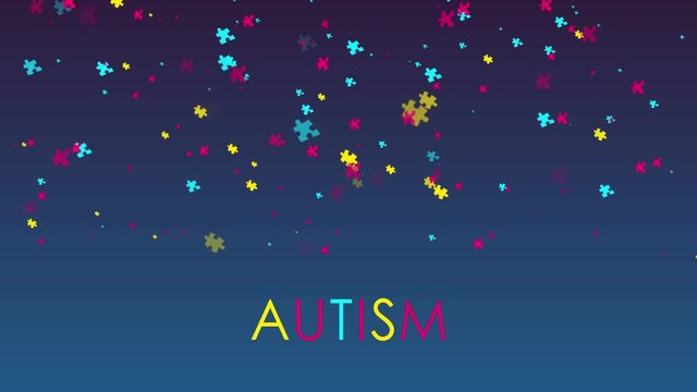 Autism awareness animation with falling puzzle pieces on blue background. Cartoon animation for world autism day. Seamless looped motion graphics. Solidarity and support concept.