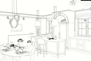 interior contour visualization, 3D illustration, sketch, outline