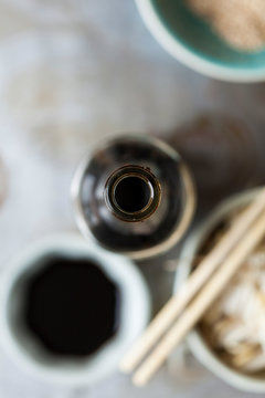 Food condiment soy sauce soya sauce with select focus