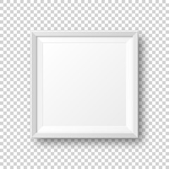 Realistic blank white picture frame with shadow isolated on transparent background. Modern poster mockup. Empty photo frame for art gallery or interior. Vector illustration.