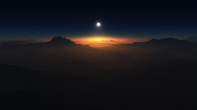 Beautiful plan with the sun rising above the horizon of the planet. The atmosphere glows with amazing light.