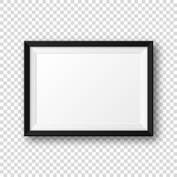 Realistic blank black picture frame with shadow isolated on transparent background. Modern poster mockup. Empty photo frame for art gallery or interior. Vector illustration.