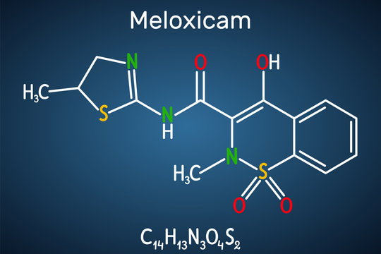 Meloxicam C14H13N3O4S2 molecule. It is a nonsteroidal anti-inflammatory drug NSAID. Structural chemical formula on the dark blue background.