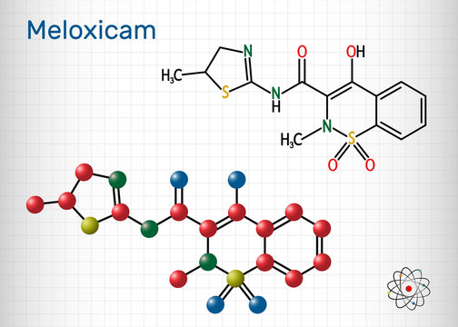 Meloxicam C14H13N3O4S2 molecule. It is a nonsteroidal anti-inflammatory drug NSAID. Structural chemical formula and molecule model. Sheet of paper in a cage