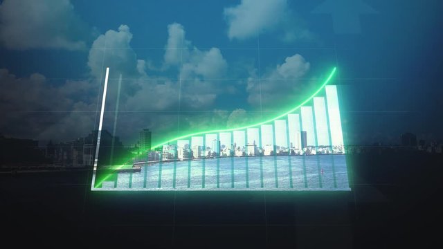 Positive development on economic graph diagram in front of coastal city skyline - Digital generated graphic animation
