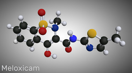 Meloxicam C14H13N3O4S2 molecule. It is a nonsteroidal anti-inflammatory drug NSAID. Molecular model