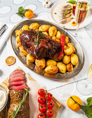 New Year table with different dishes and drinks