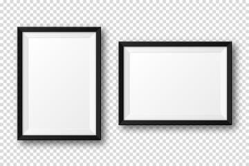 Realistic blank black picture frame with shadow isolated on transparent background. Modern poster mockup. Empty photo frame for art gallery or interior. Vector illustration.