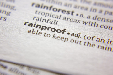 Word or phrase Rainproof in a dictionary.
