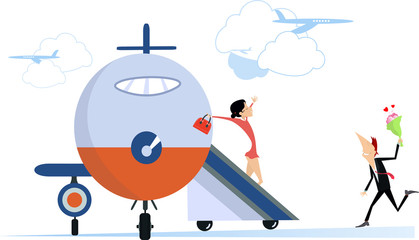 Love couple meeting in the airport illustration. Airport, love couple, bunch of flowers and heart symbols isolated illustration