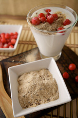Healthy breakfast with kefir and sprouted wheat.
