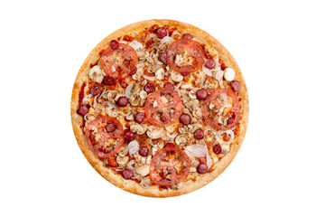 Pizza isolated on white background.Hot fast food with cheese, ham and mushrooms. Food Image for menu card, web design, site, shop or delivery. High quality retouch and isolation