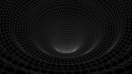 Vortex. Vector perspective curved grid. Wireframe abstract tunnel. 3D vector wormhole with a mesh structure. - obrazy, fototapety, plakaty