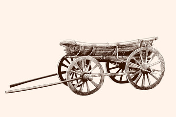 An old wooden cart on four wheels for a horse harness. Pencil drawing by hand. © migfoto