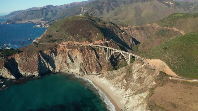 Aerial wide view of Bixby Creek Bridge in Big Sur, California, Pacific Ocean