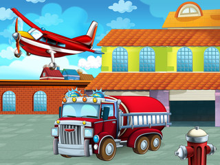 cartoon scene with fireman vehicle on the road near the fire station - illustration for children