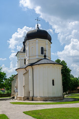 Fototapeta na wymiar View of old stone summer church in Capriana Monastery, Moldova