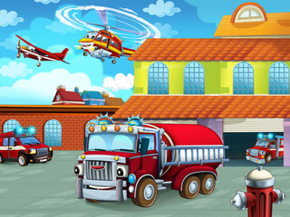 cartoon scene with fireman vehicle on the road near the fire station - illustration for children