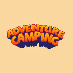 Adventure camping  logo. Orange glossy lettering. Travel, camping symbol. Kids, baby icon. Cartoon symbol for kids clothing.