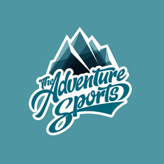 Adventure sports logo. Vintage lettering on a white background. Letters and iceberg. Arctic travel. Extreme clothing mark.