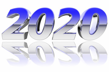 Chrome 2020 digits with color gradient reflections on glossy white background