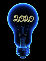 X-Ray lightbulb with sparkling 2020 digits inside isolated on black background