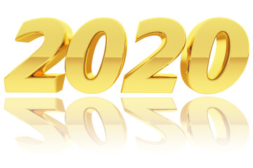 Gold 2020 digits with gradient reflections on glossy white background