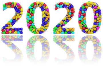 2020 digits composed of colorful lightbulbs on glossy white background