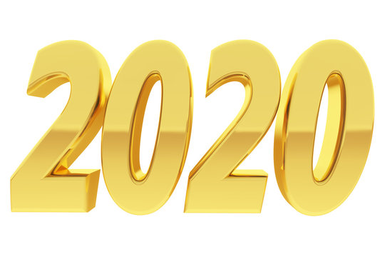 Gold 2020 Digits With Gradient Reflections Isolated On White Background