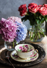 morning coffee tea vintage tableware flowers Breakfast