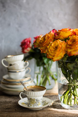 morning coffee tea vintage tableware flowers Breakfast