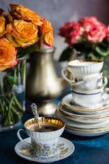 Fototapeta na wymiar morning coffee tea vintage tableware flowers Breakfast