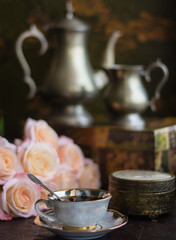 morning coffee tea vintage tableware flowers Breakfast