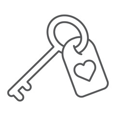 Love key thin line icon, valentine and holiday, heart key sign, vector graphics, a linear pattern on a white background, eps 10.