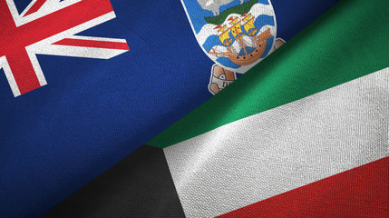 Fototapeta na wymiar Falkland Islands and Kuwait two flags textile cloth, fabric texture