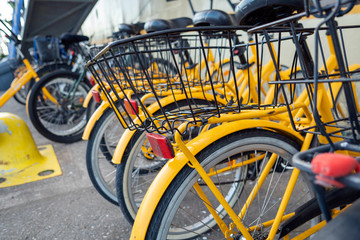 Fototapeta na wymiar Group of bikes in parking in Turku, Finland.