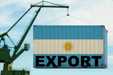 port crane holds a container with the flag of Argentina, the concept of shipping from a country around the world by sea, distribution of goods in a global business