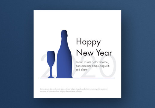 New Year Card Layout with Blue Glass and Champagne Bottle
