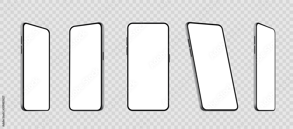 Poster realistic set smartphones at different angles mockup. cellphone with blank display. mobile phone 3d 