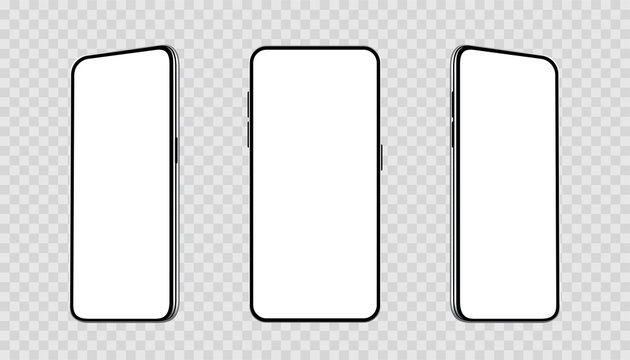 Realistic set smartphones at different angles mockup. Cellphone with blank display. Mobile phone 3d - stock vector.