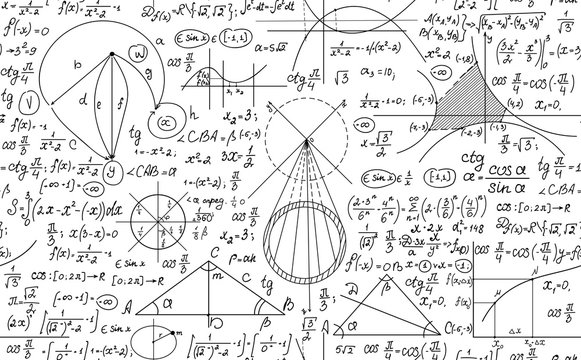 Hand Drawn Mathematical Vector Seamless Pattern With Handwritten Algebra Formulas, Equations And Geometry Figures