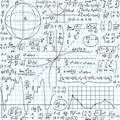 Math educational vector seamless background with handwritten formulas, figures, calculations on a grid copybook paper