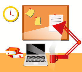 Vector illustration of a laptop on a table with a cup of coffee, a lamp and a corkboard behind with some notes