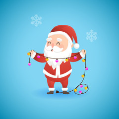 Festive Christmas funny Santa Claus holding lamp garland, vector illustration