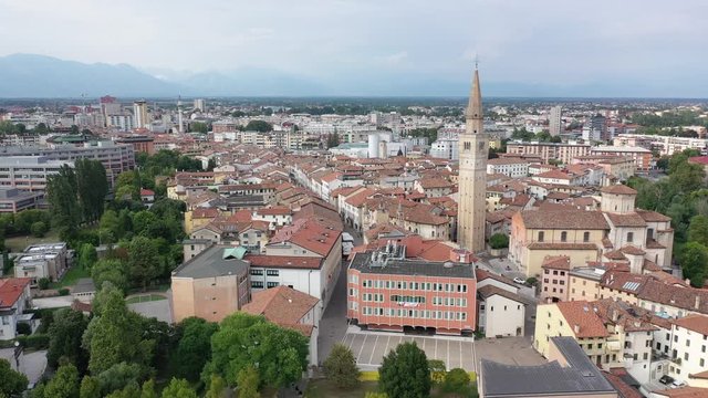 Aerial view of historical center of Pordenone with Duomo Concattedrale di San Marco in sunny autumn day, Italy