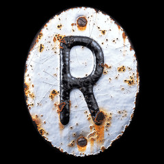 3D render capital letter R made of forged metal on the background fragment of a metal surface with cracked rust.